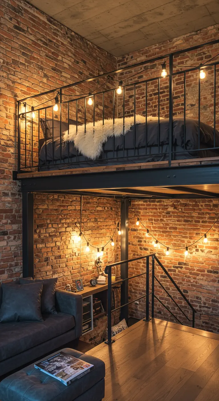A two-level loft apartment with a bedroom on the mezzanine, both levels with brick walls.