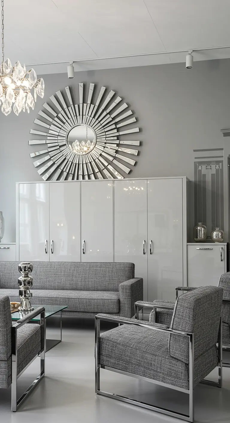A monochromatic grey living room with high-gloss cabinets and a faceted mirror sunburst.