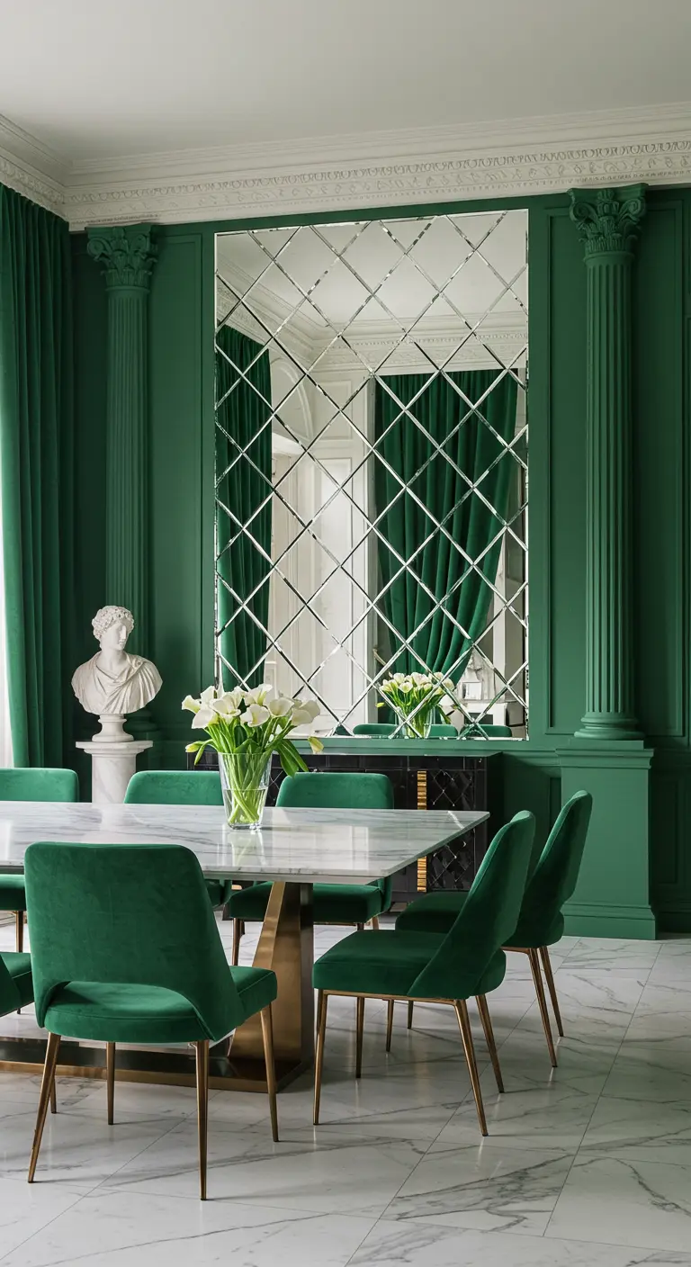 Green neoclassical dining room with a diamond-patterned mirror wall and marble floors.