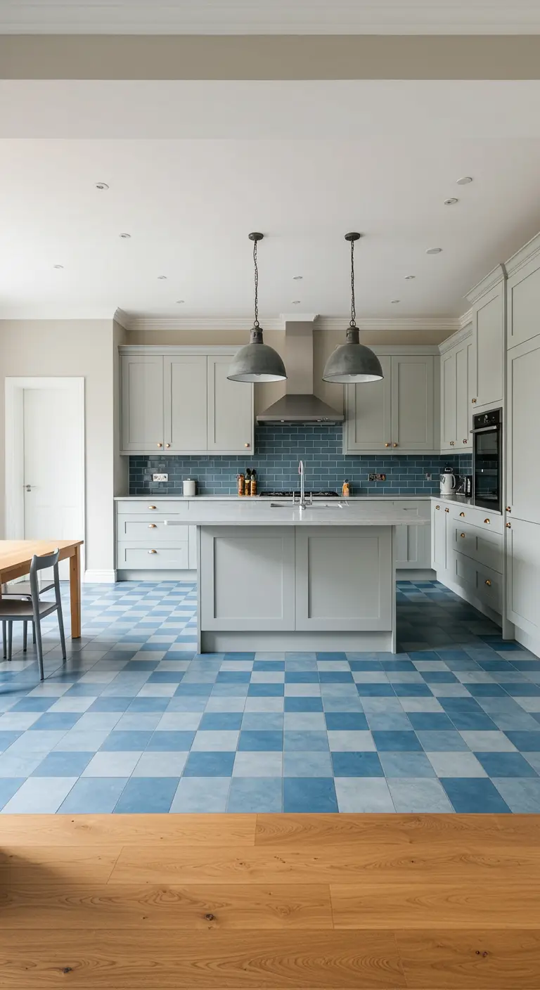 A bright kitchen with light grey cabinets and a blue and white checkerboard floor.