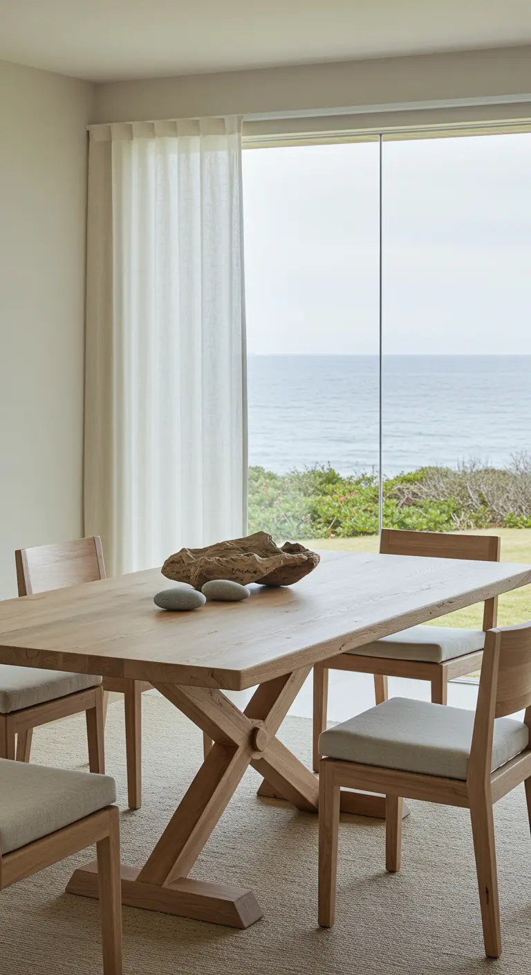 Oak dining table overlooking the ocean with a large driftwood centerpiece.