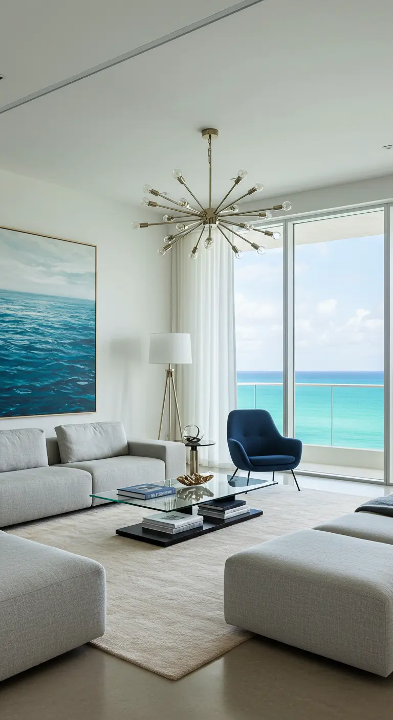 Modern living room with a single navy velvet armchair and a sputnik chandelier.
