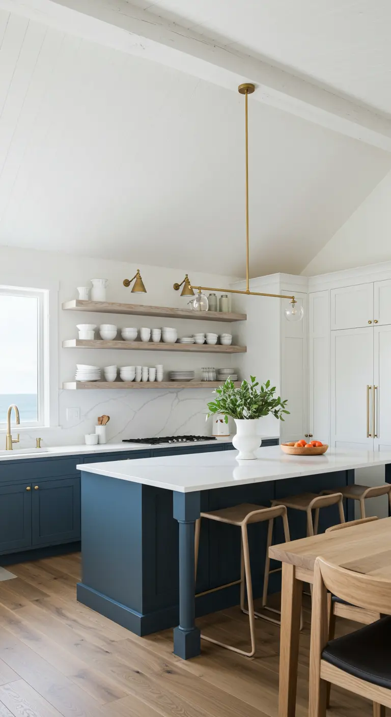 Kitchen with navy base cabinets, open wood shelves, and a linear brass light fixture.