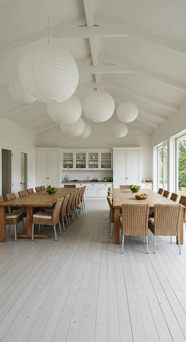 Long dining room with two tables and clusters of white paper lanterns hanging from the ceiling.