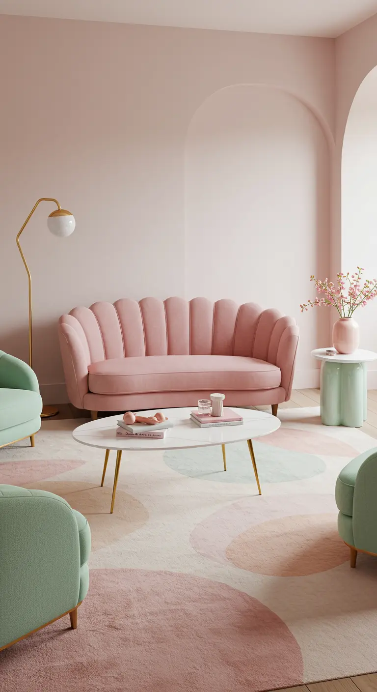 A pastel living room with a pink scalloped sofa and mint green chairs.