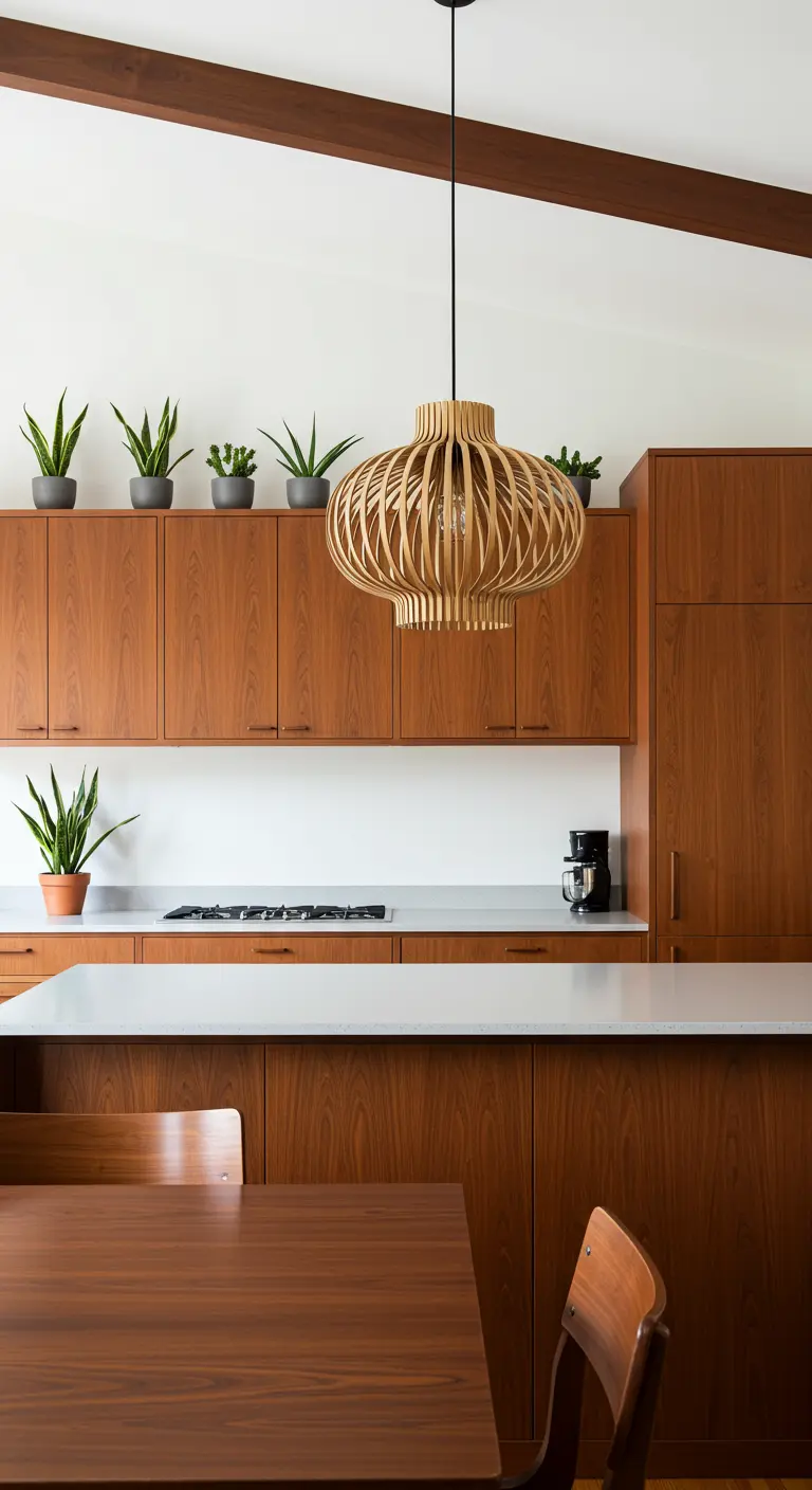 Kitchen with teak cabinets and a sculptural wooden pendant over the dining table.