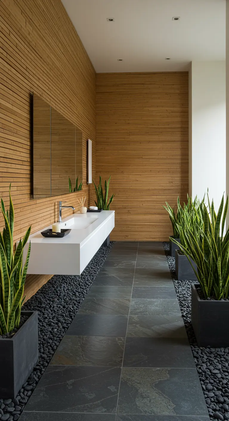 A long, modern bathroom with slate tiles and a row of snake plants in rectangular planters.