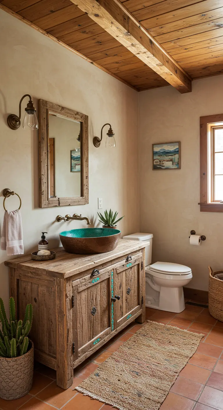 Southwestern-style bathroom with plaster walls and a turquoise-lined sink.