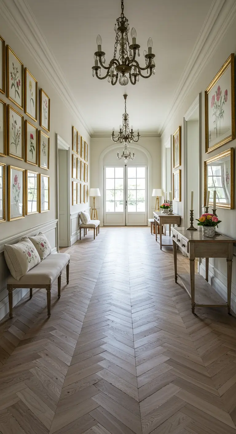 A long hallway with chevron wood floors, matching console tables, and a gallery wall.