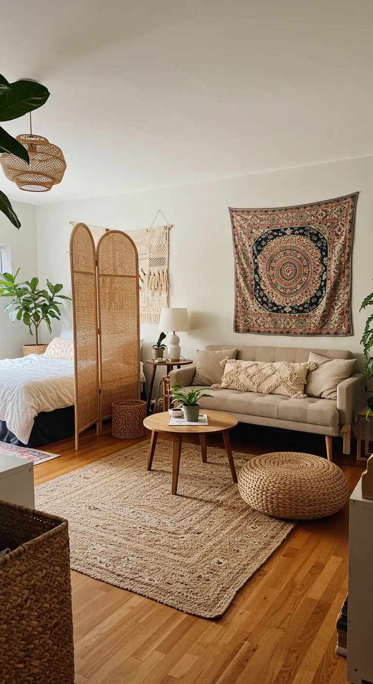 Studio apartment using a rattan screen to divide the bed from the living area.
