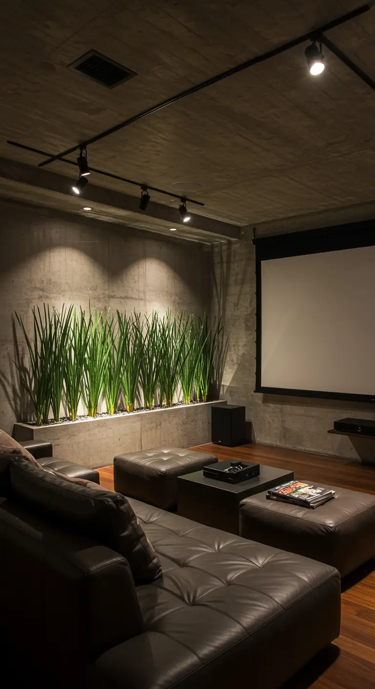 Home theater with a large screen and a long planter of snake plants lit from above.