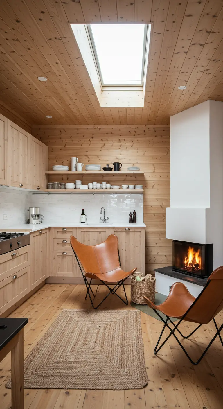 Light wood kitchen area with two leather butterfly chairs next to a modern fireplace.