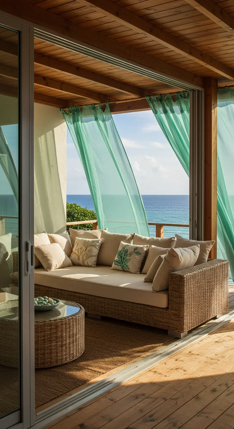 Covered balcony with a woven sofa and sheer seafoam green curtains blowing in the sea breeze.