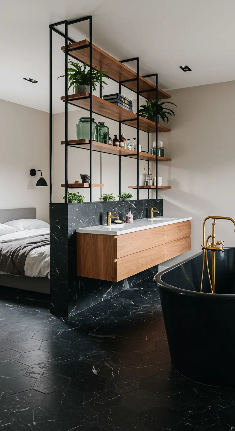 An open shelving unit dividing a bedroom from a bathroom area with a black tub.