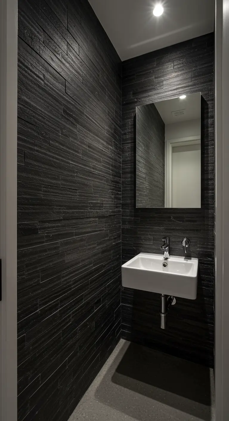 Small powder room with dark grey stacked slate tile walls and a compact sink.