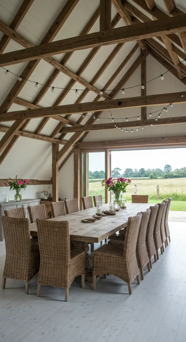 Barn dining room with exposed wood beams, string lights, and a long table with wicker chairs.