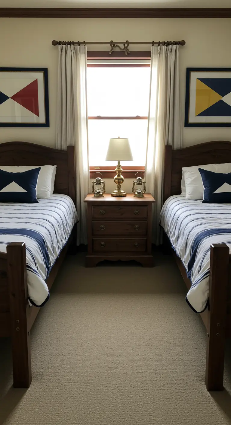 Symmetrical bedroom with two twin beds separated by a single nightstand with two small lanterns.