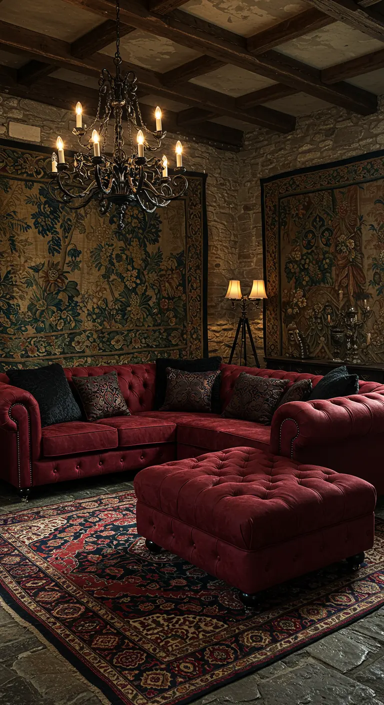 Red tufted sectional in a stone room with large, ornate tapestries on the walls.