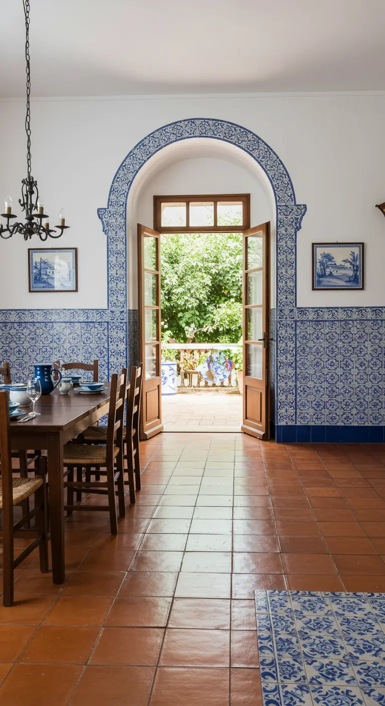 Dining room with an archway covered in blue and white Portuguese azulejo tiles.