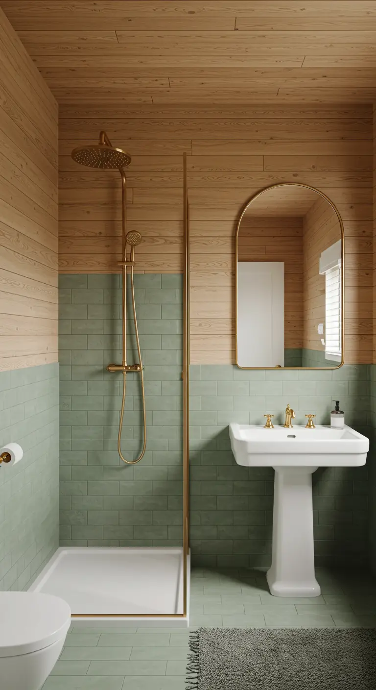 Bathroom with sage green subway tile below and light wood paneling above a pedestal sink.