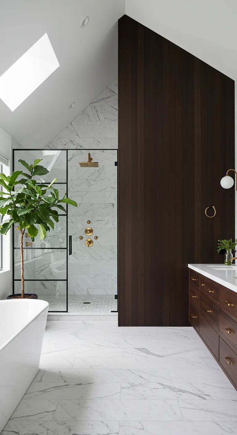 Bathroom with vaulted ceiling, dark wood wall, marble tiles, and a large fiddle-leaf fig.