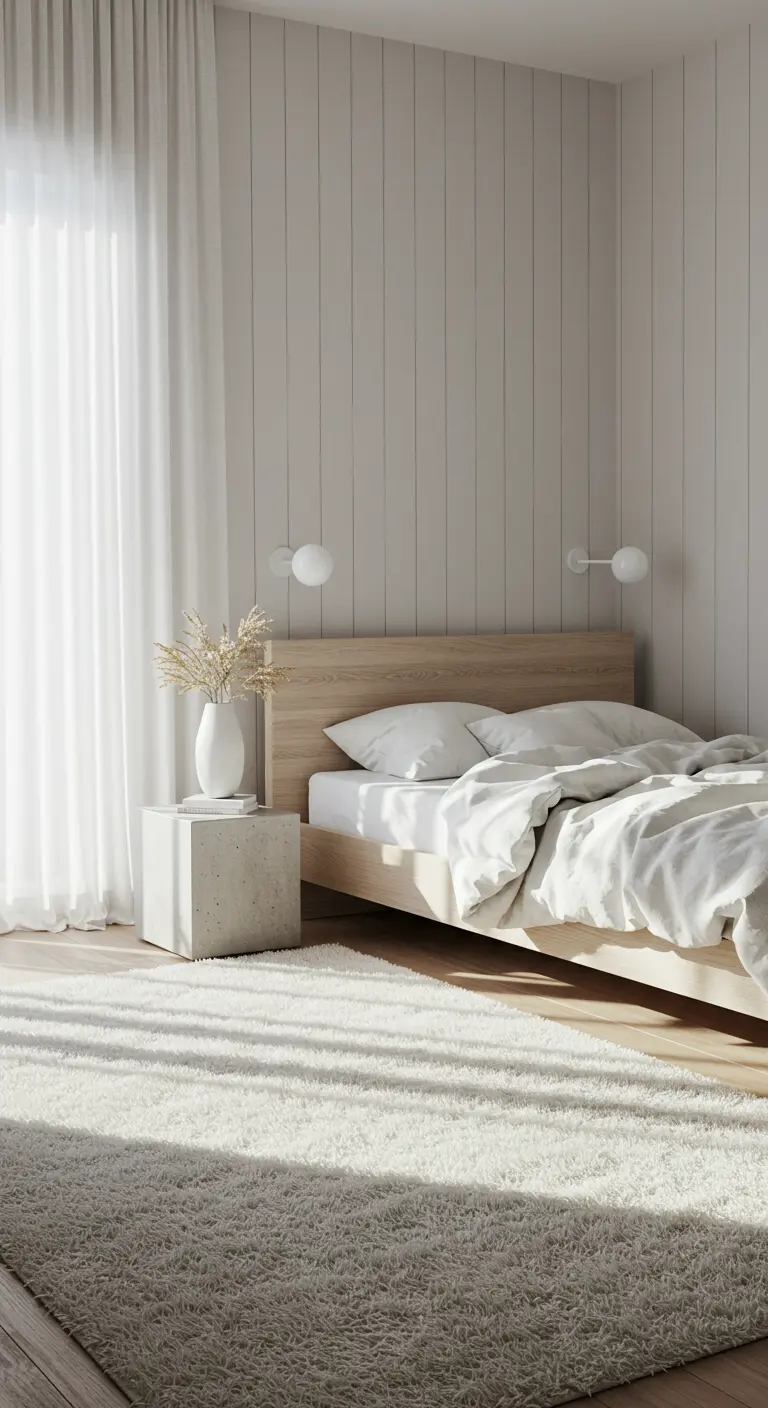 Minimalist bedroom with white shiplap walls, a light wood bed, and a fluffy white rug.
