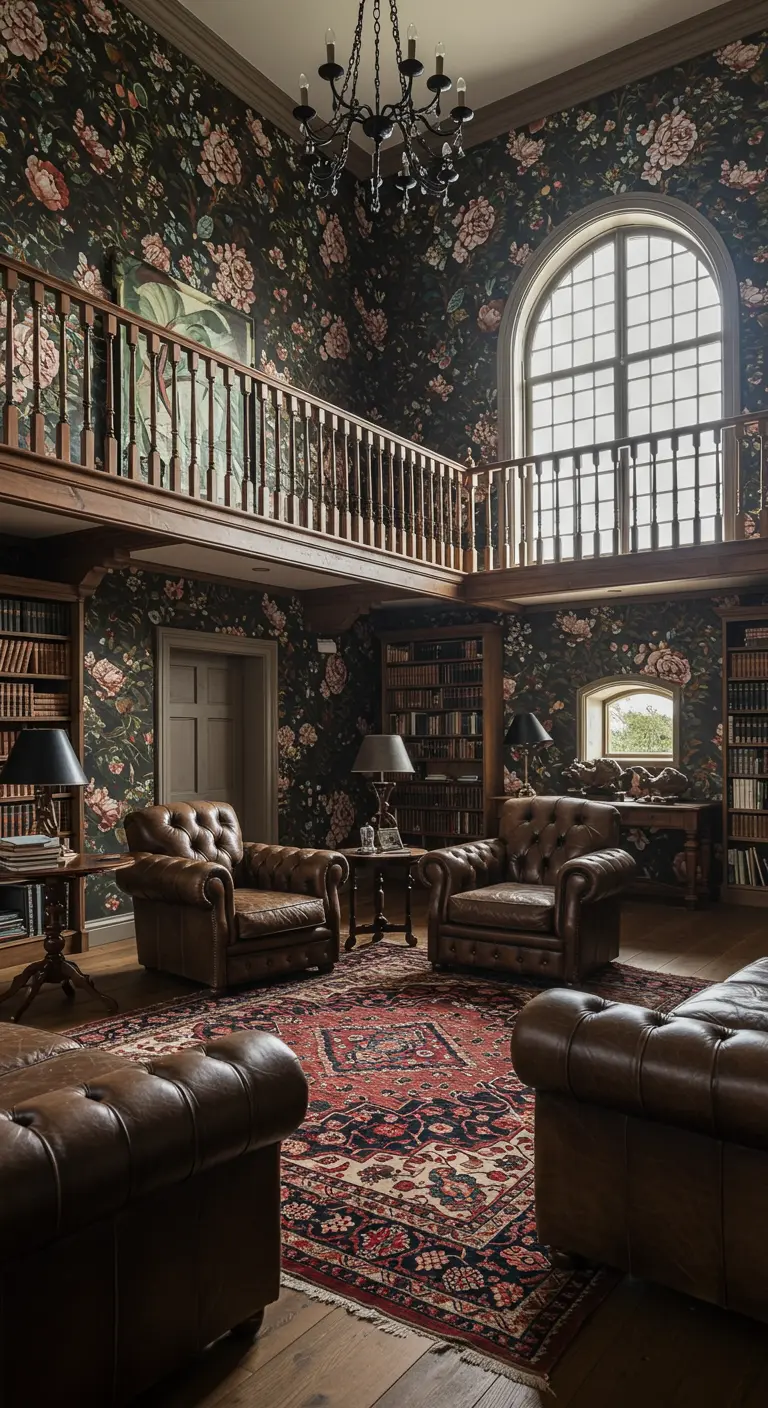 A grand two-story library with dark floral wallpaper and multiple brown leather armchairs.
