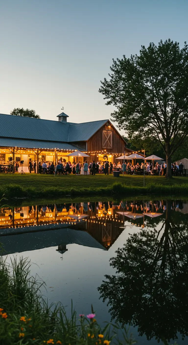 A party barn lit with string lights at dusk, beautifully reflected in a nearby pond.