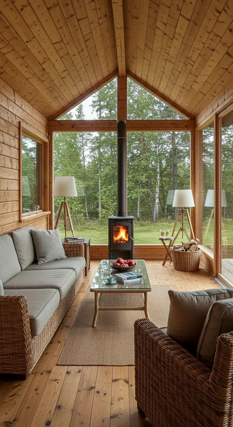 Sunroom with wicker furniture, a central wood stove, and large windows looking out to a forest.