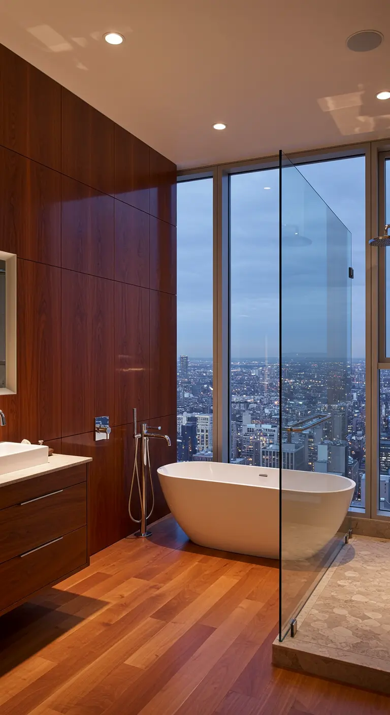 Modern bathroom with a wood wall and floor-to-ceiling window overlooking a city.
