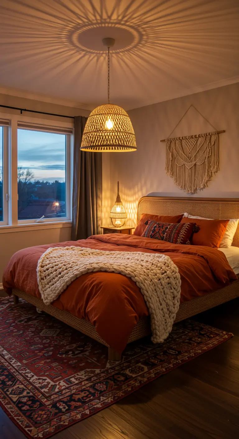 Boho bedroom with a large rattan pendant light casting shadows on the ceiling.