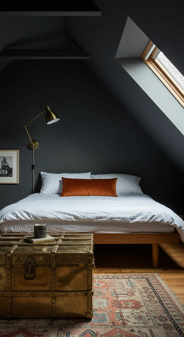 Attic bedroom with charcoal walls and a vintage brass trunk used as a bedside table.