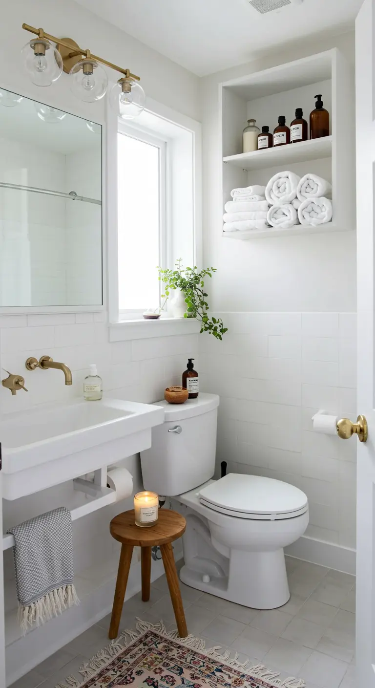 Small white bathroom with open shelving built into the wall above the toilet.