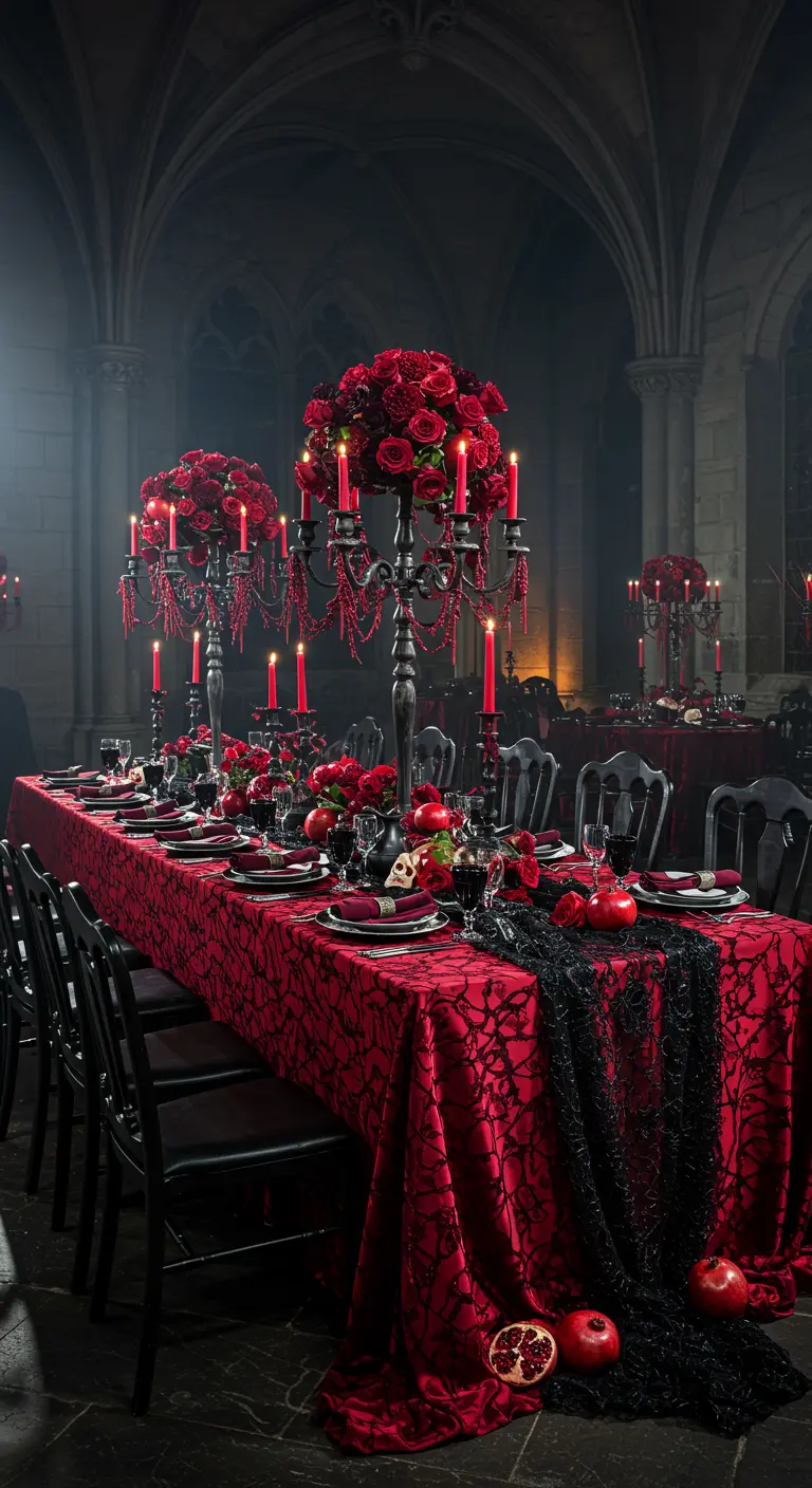 Gothic tablescape with red roses, black candelabras, and pomegranates.