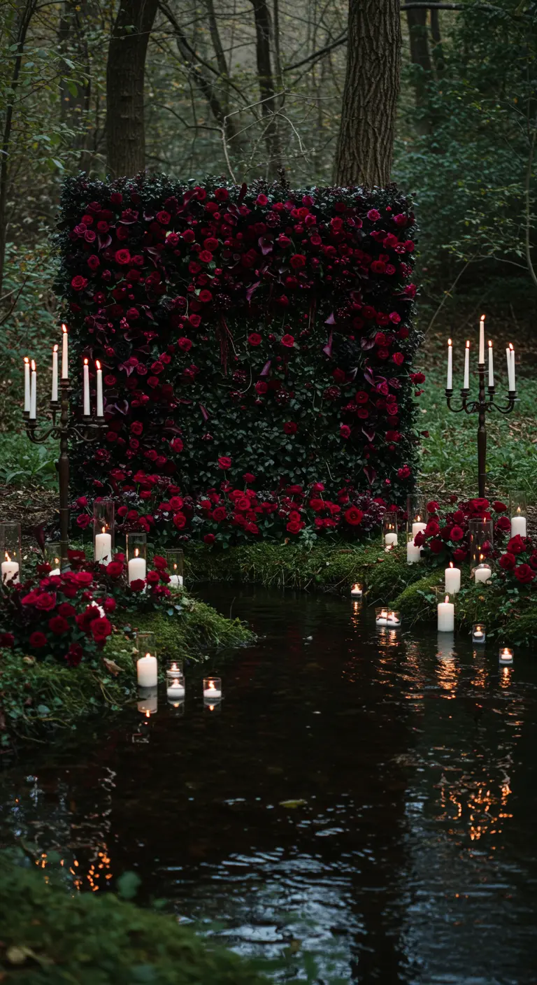 A moody flower wall of dark red roses next to a stream, lit by candles in a dark forest.