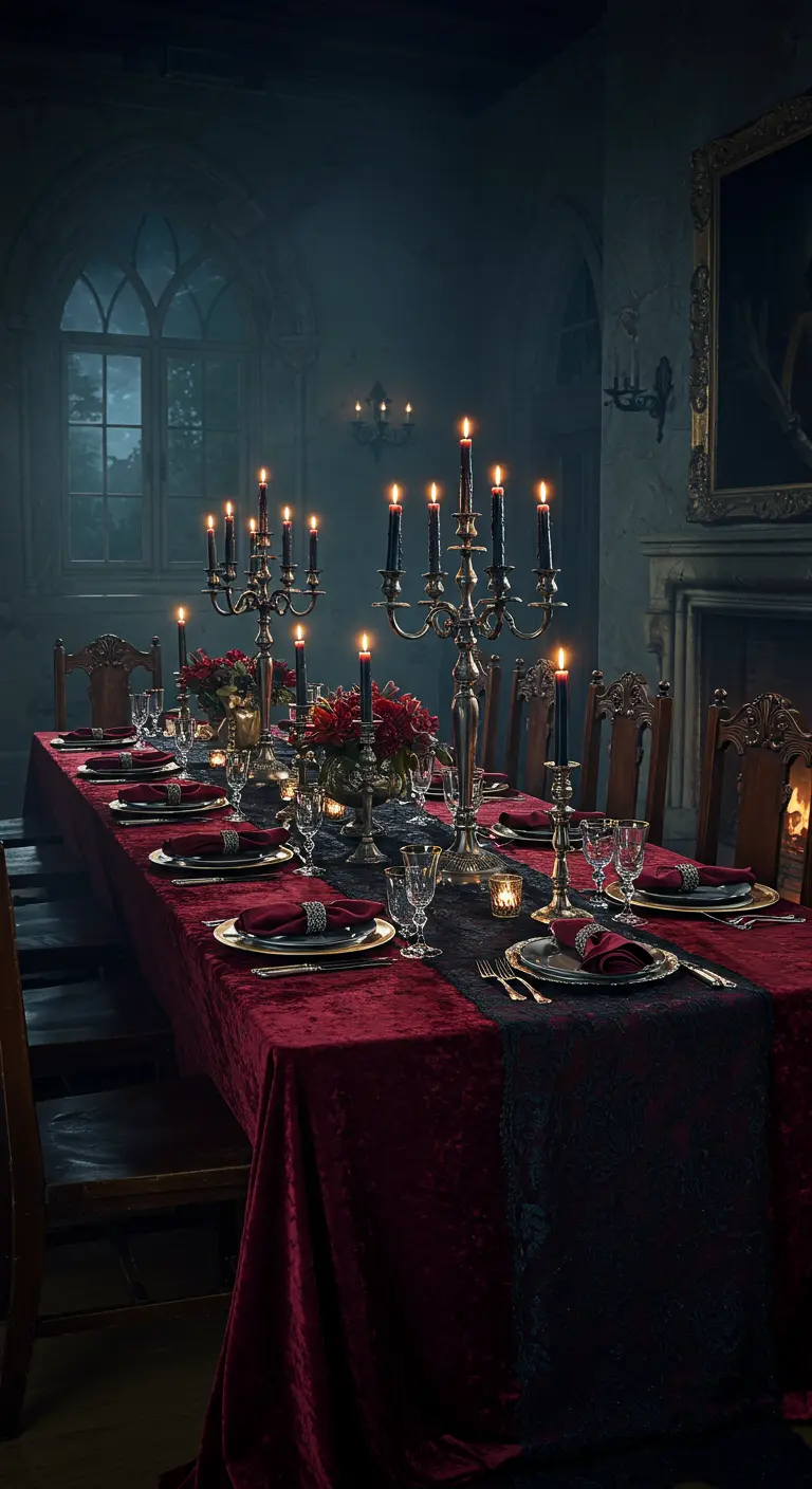 Long gothic dining table with red velvet cloth and silver candelabras with black candles.
