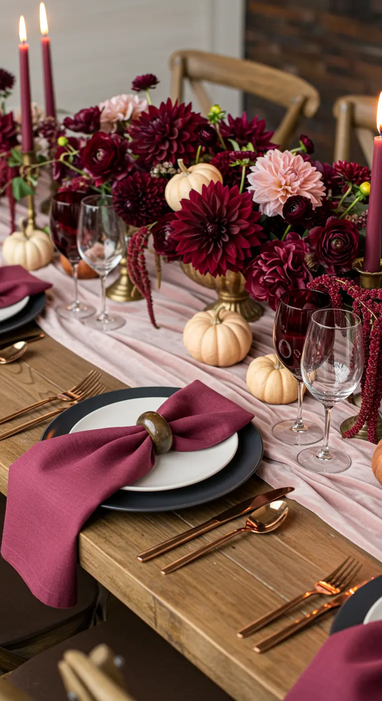 A romantic tablescape with a pink velvet runner, burgundy dahlias, and rose gold cutlery.