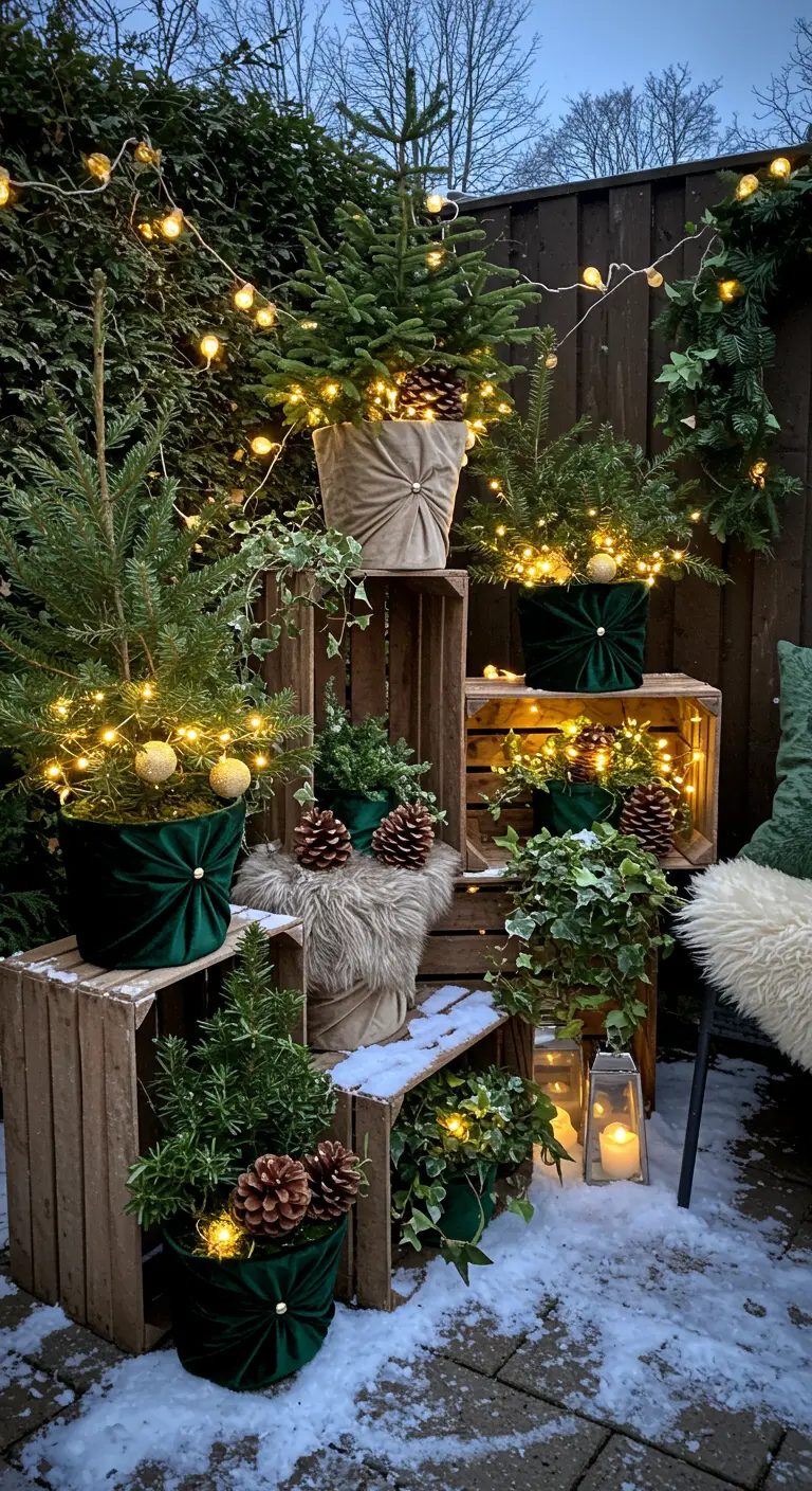 Snowy garden with stacked crates, velvet-wrapped evergreens, ivy, string lights, and candles.