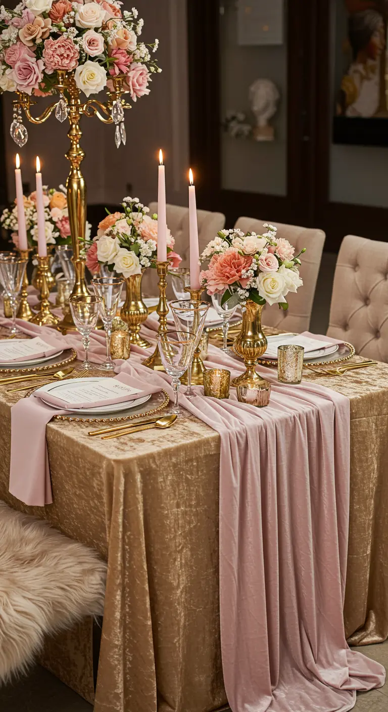 A luxurious tablescape with a gold velvet tablecloth, pink runner, and a faux fur throw.