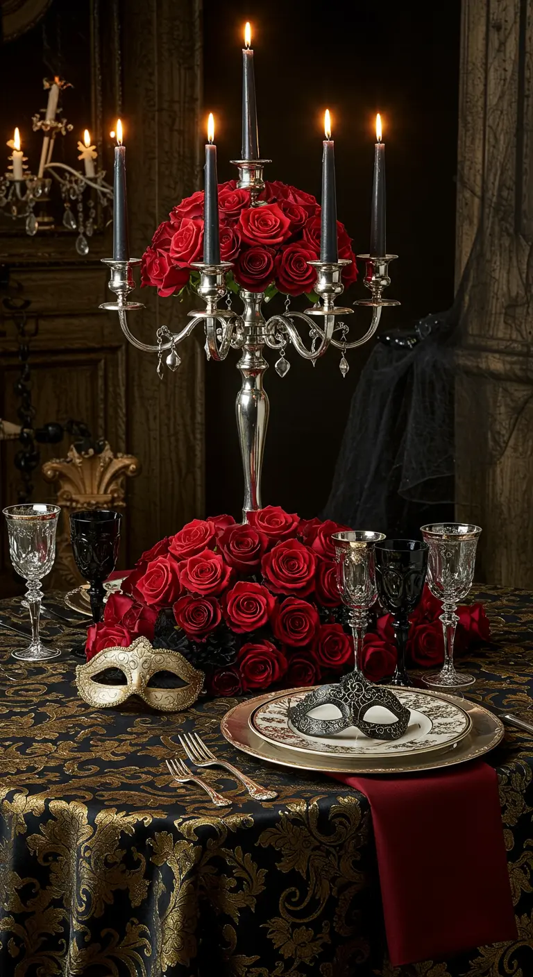 Ornate table setting with a gold and black damask tablecloth, red roses, and masquerade masks.