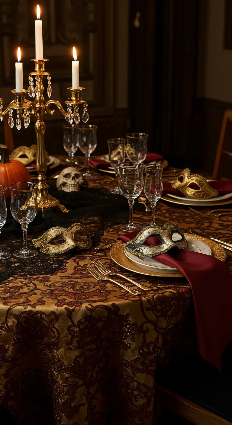 A lavish masquerade table with a gold brocade cloth, gilded masks, and a single pumpkin.