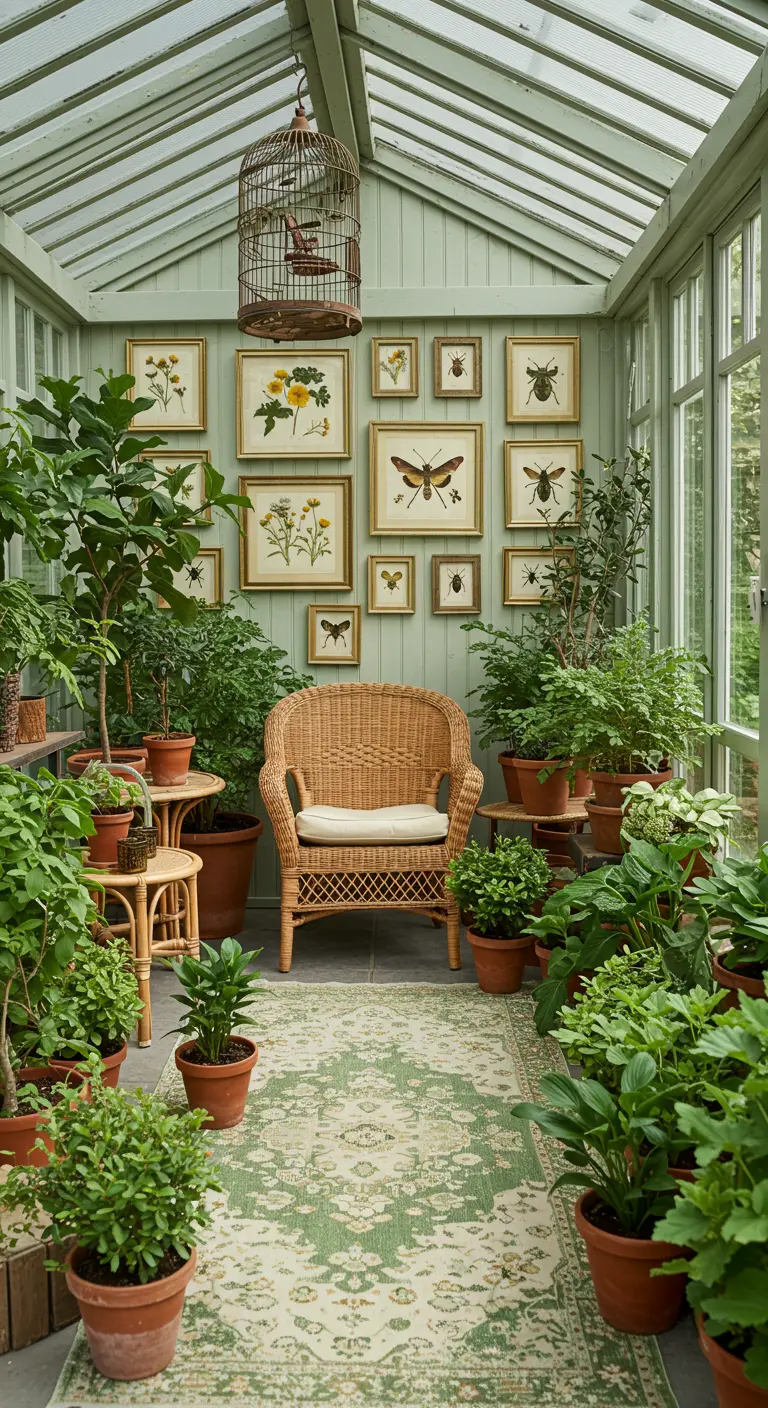 Sunroom with a rattan chair, numerous potted plants, and a gallery wall of framed botanical and insect prints.