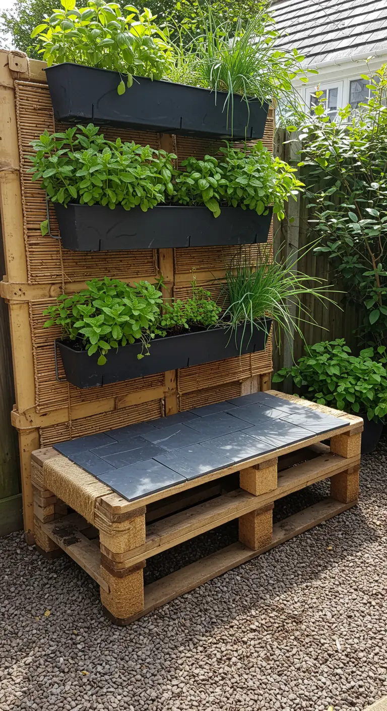 A pallet bench with a slate seat sits in front of a vertical herb garden on a bamboo screen.