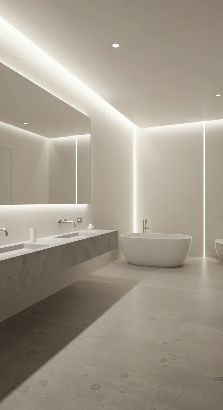 Minimalist off-white bathroom with vertical LED strips of light inset into the walls.