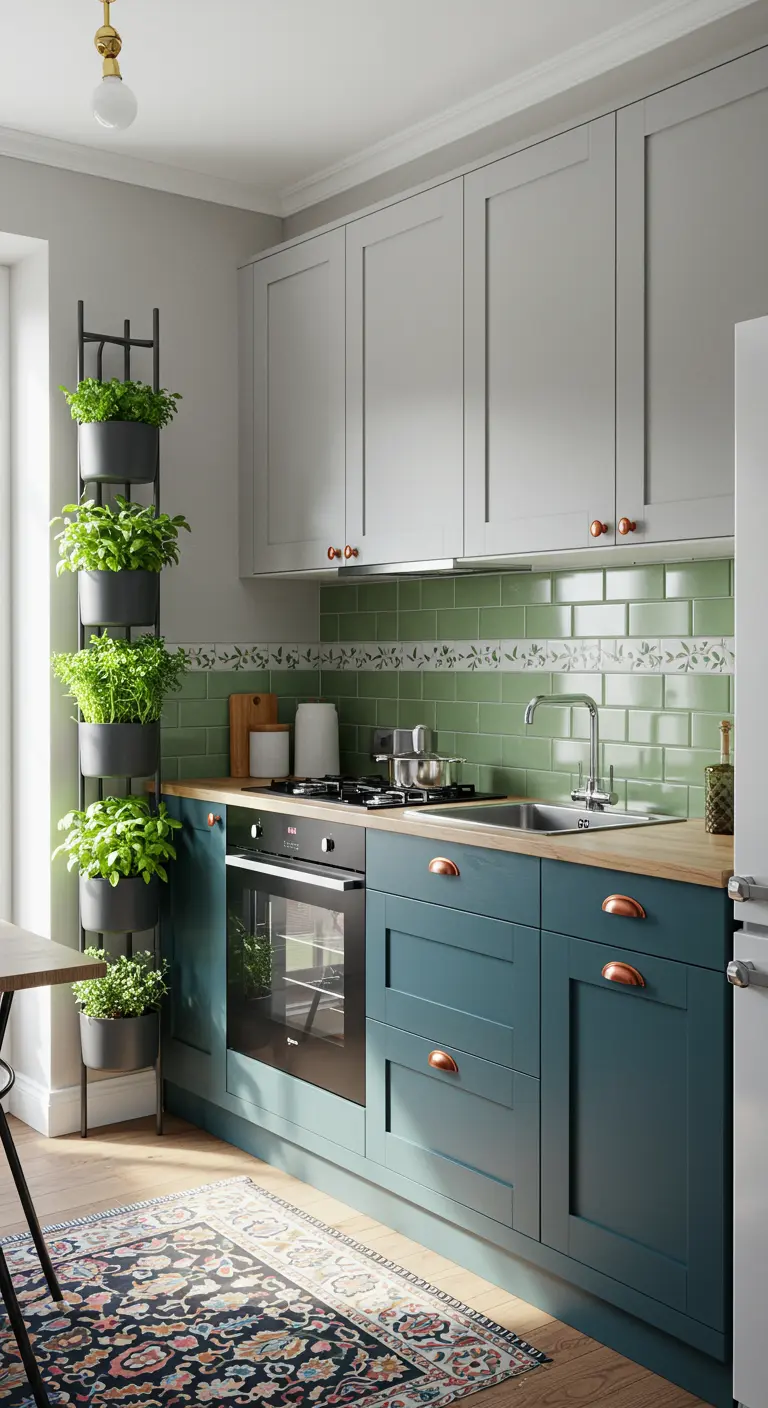 Small kitchen with teal and gray cabinets and a tall, black ladder herb planter.