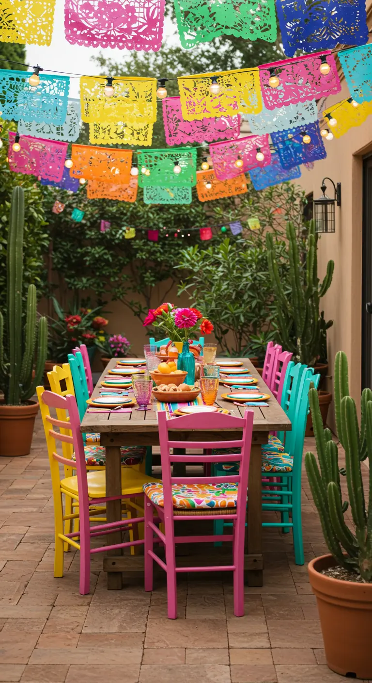 A festive patio with colorful chairs, papel picado banners, and cacti.