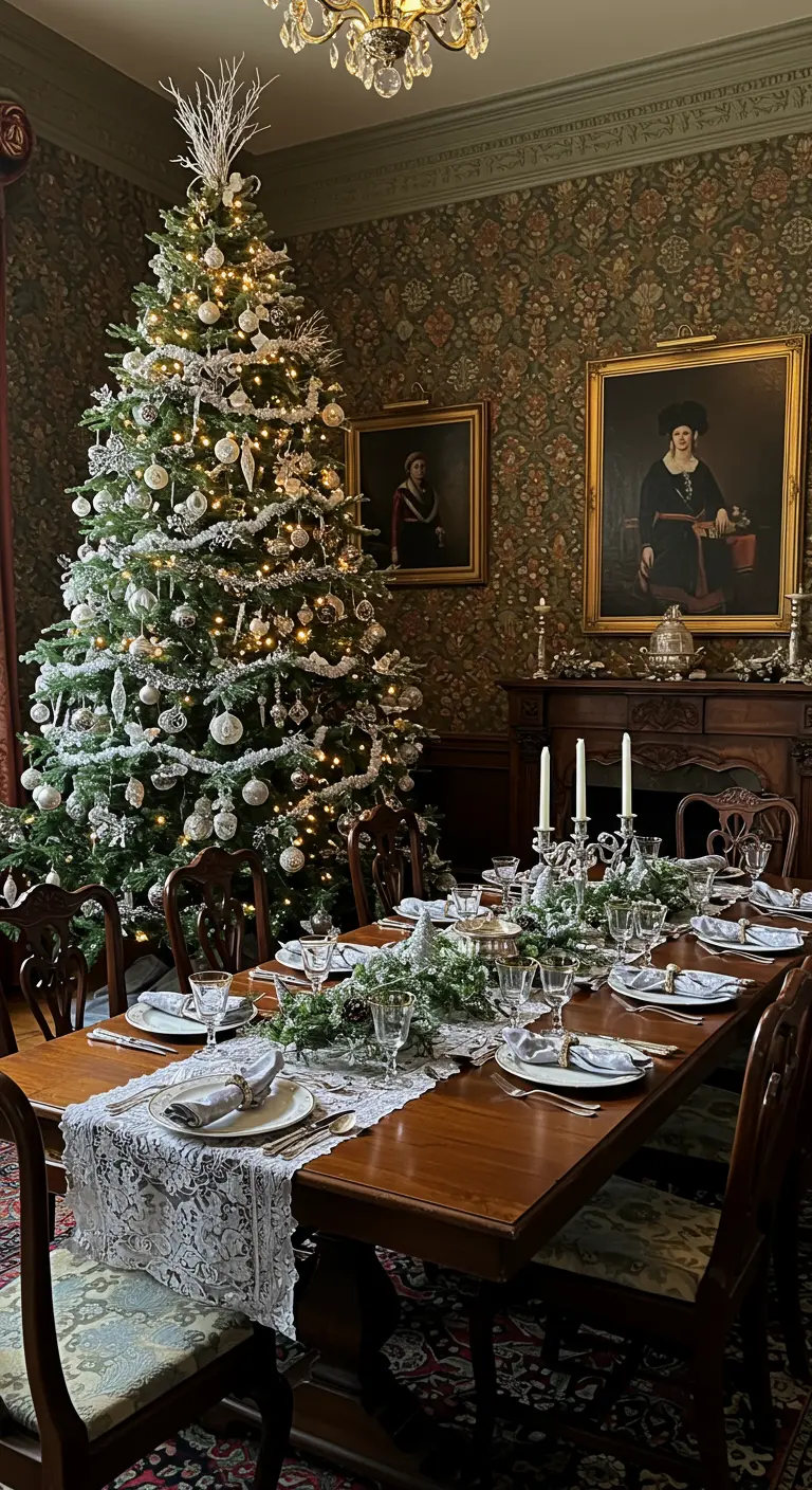 A traditional dining room with a Christmas tree, lace runner, and a frosted garland on the table.