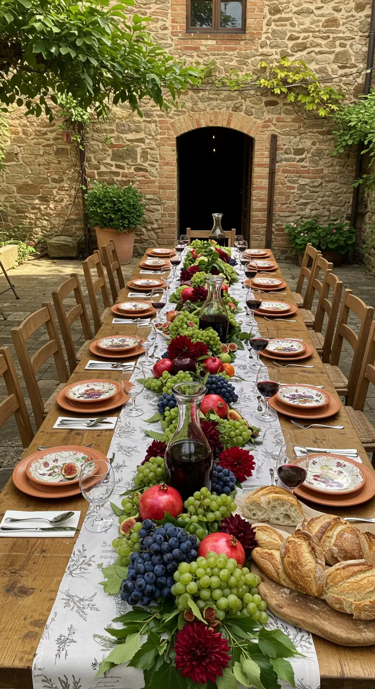 A long rustic table featuring an edible runner of grapes, figs, pomegranates, and bread.