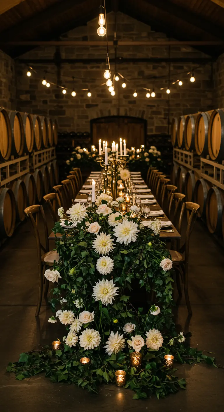 A long dining table in a wine cellar with a lush floral runner of white dahlias and greenery.
