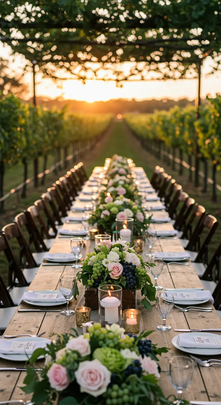 Long table in a vineyard with centerpieces of roses, hydrangeas, and grapes.